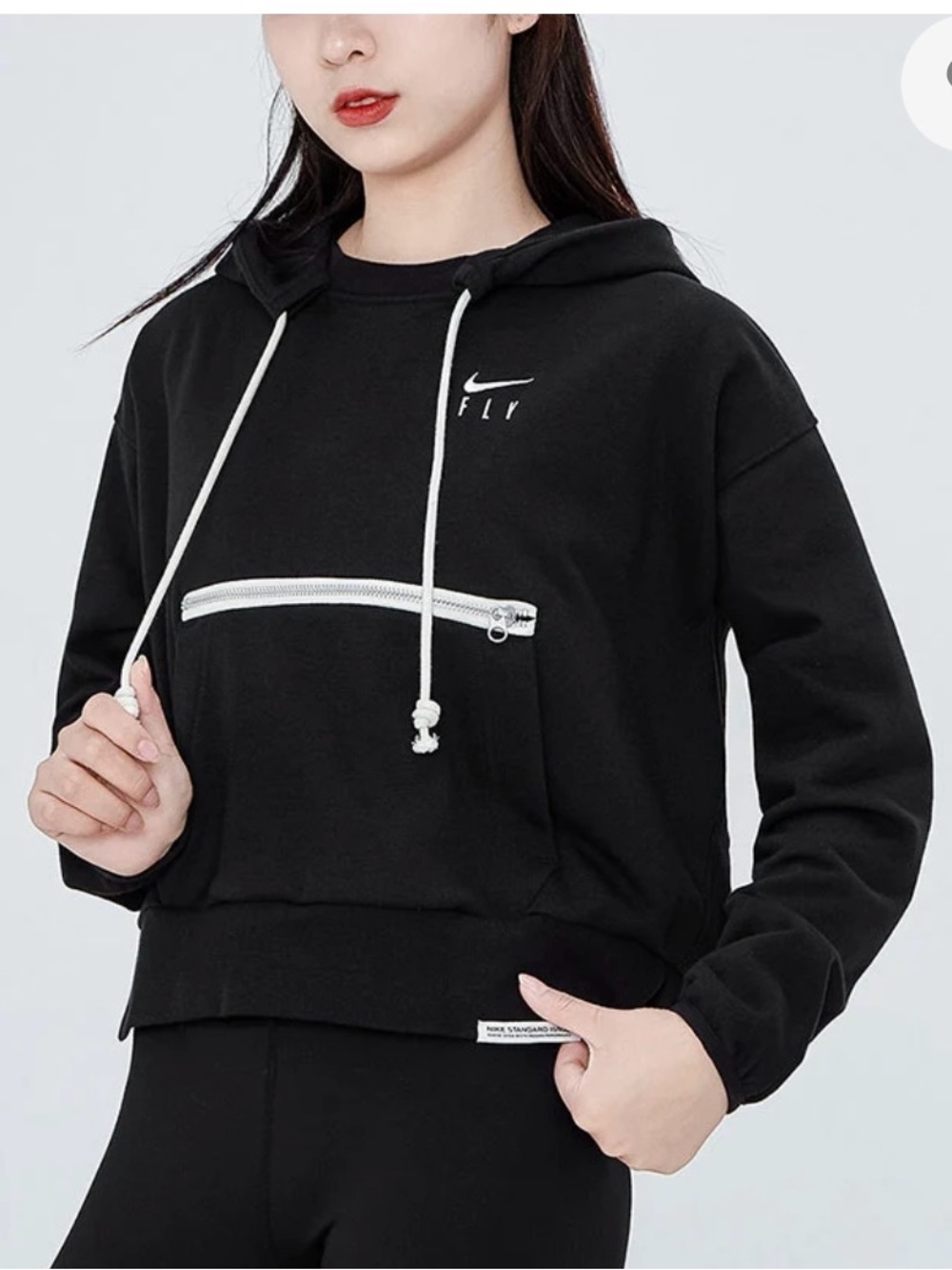 Nike Black Cropped FLY Hoodie with White Zip Detail